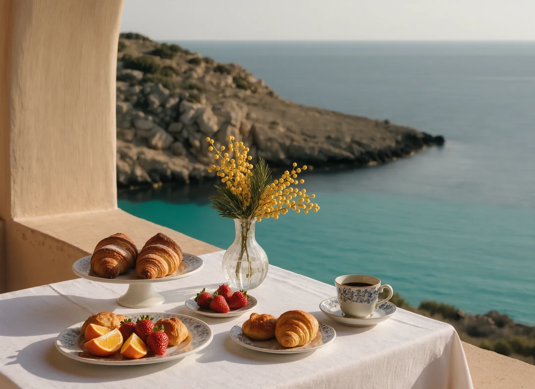 Rocky shoreline with gentle waves, blue ocean, distant islands, and a clear sunny sky—perfect for al fresco brunches near Cala d’Or’s charming seaside restaurants.