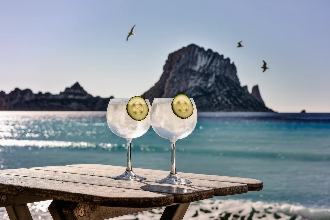 Two gin and tonics with cucumber and two beers on a table by the sea at Cala Sant Vicenç, under a bright blue sky—perfect for relaxed beachside cocktail dinners.