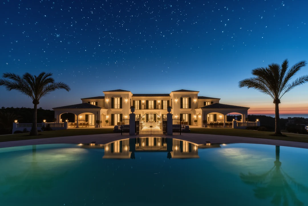 A lit Mediterranean-style villa in the gated estate Son Vida boasts a circular pool in the courtyard, offering luxury and privacy under a starry night sky.
