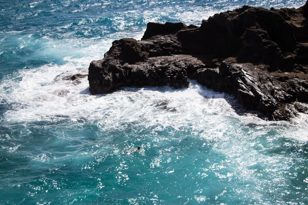 Waves crash against dark rocks in the clear turquoise waters of Alcúdia Bay, with a swimmer below—perfect for beach hopping or enjoying a relaxing family beach day.