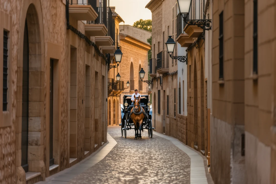 A horse-drawn carriage with a driver passes modern buildings on a cloudy day in Alcúdia, offering Carriage Rides that evoke the charm of its Medieval Old Town amidst the city's contemporary backdrop.