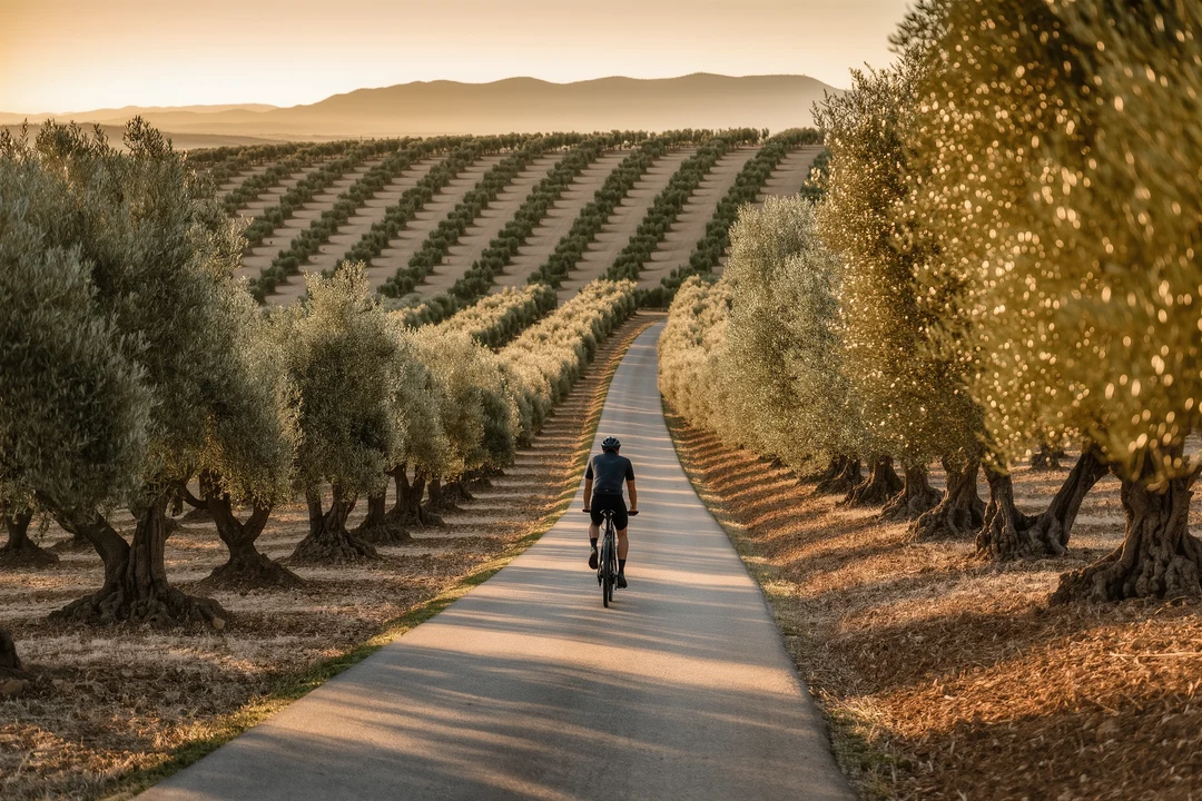 Man riding a black electric bike on a paved road near Valldemossa, with olive groves and grassy background, wearing a jacket and cap.