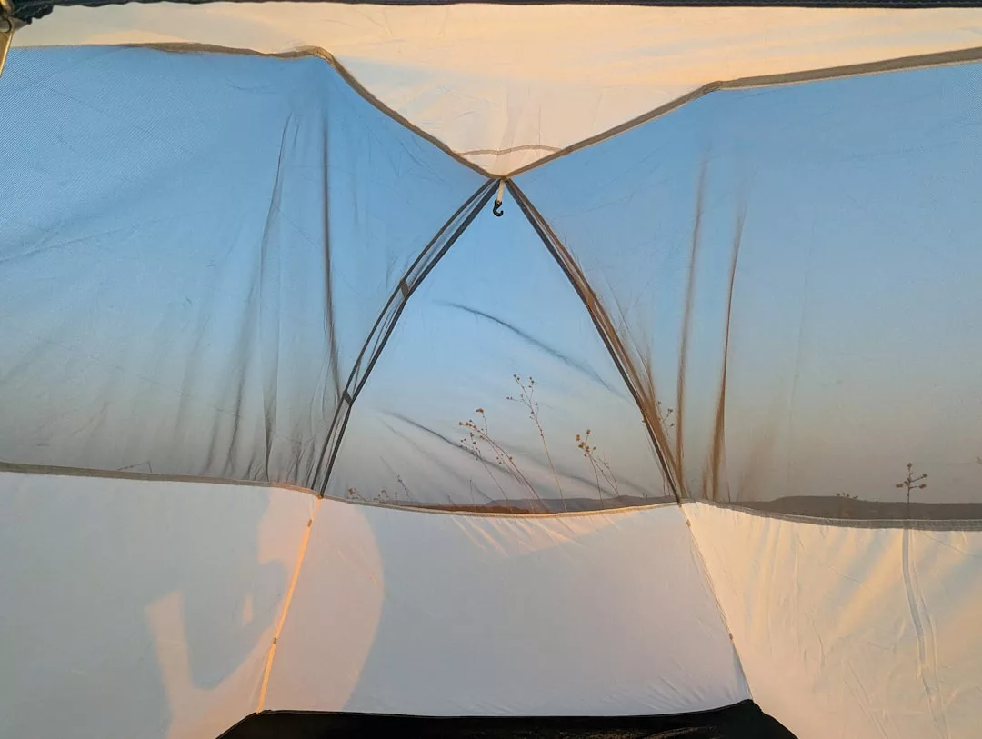 View of a blue sky and dry grass through the mesh window of a pitched tent at sunrise or sunset, capturing the tranquil charm of luxury glamping near Santanyí, Mallorca.