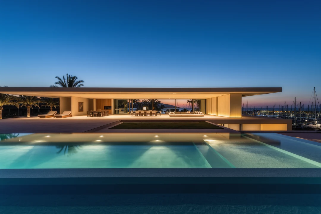 Luxurious modern house in Puerto Portals with a large illuminated pool at dusk under a dramatic blue sky—an exceptional piece of luxury real estate.