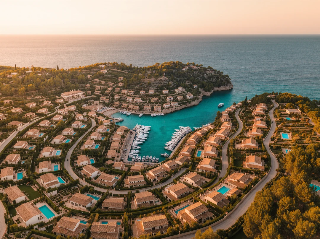Aerial view of a suburban neighborhood with red-roofed houses, trees, and surrounding city buildings, offering insights valuable for 2025 market forecasts in real estate Mallorca.