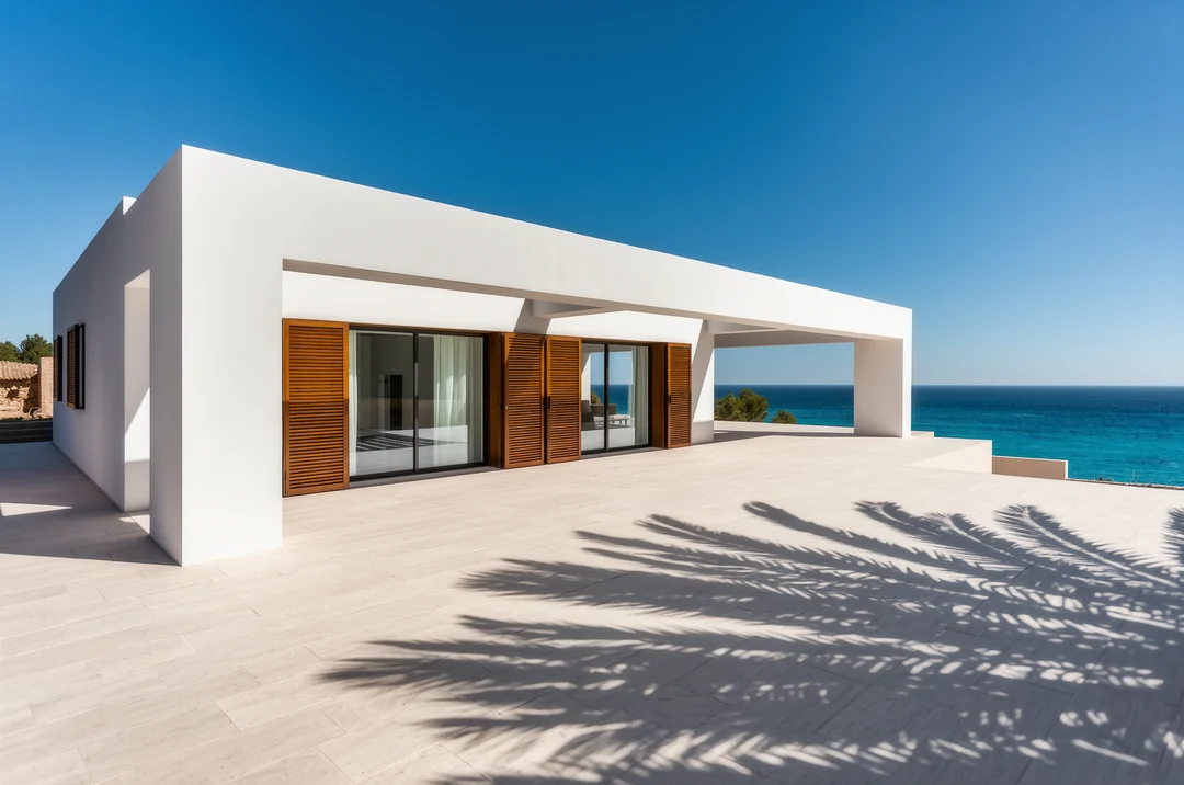 A modern, white, multi-story house with balconies, set behind a wall on a sandy, undeveloped street—perfect for those seeking renting Cala Millor options.