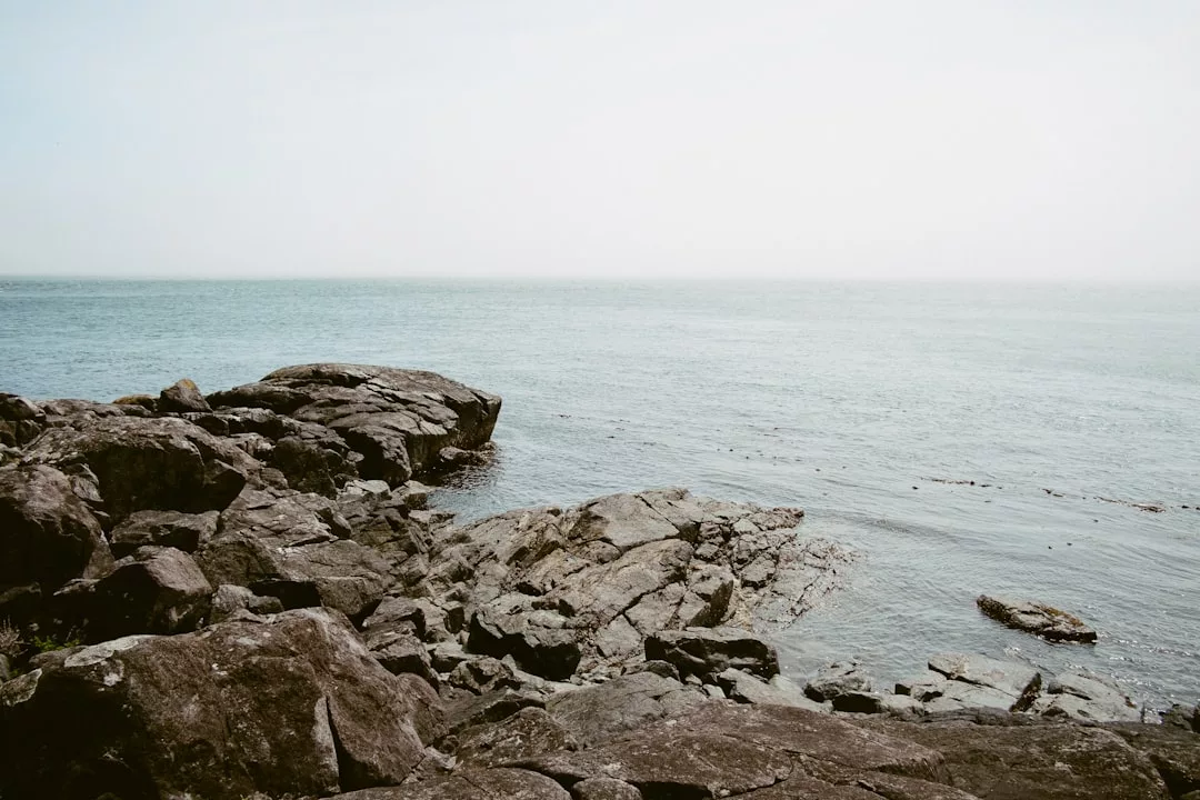 Rocky shoreline with large dark rocks beside a calm, expansive body of water under a pale, hazy sky near Port de Sóller, perfect for enjoying sunset sushi by the sea.
