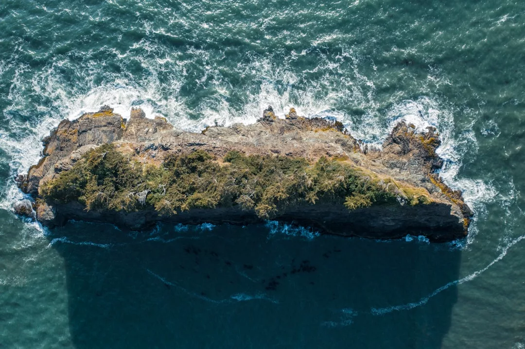 Aerial view of a rocky, tree-covered island surrounded by blue ocean waves, showcasing natural beauty preserved by coastal protection laws.