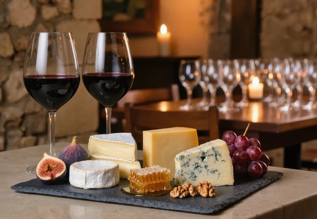 Rows of clean wine glasses hang upside down on a rack, ready for the perfect wine and cheese pairing, with a blurred outdoor background—capturing the inviting ambiance found in many restaurants in Manacor.